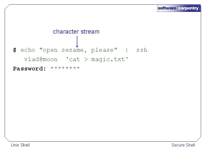 character stream $ echo "open sesame, please" | vlad@moon 'cat > magic. txt' Password: