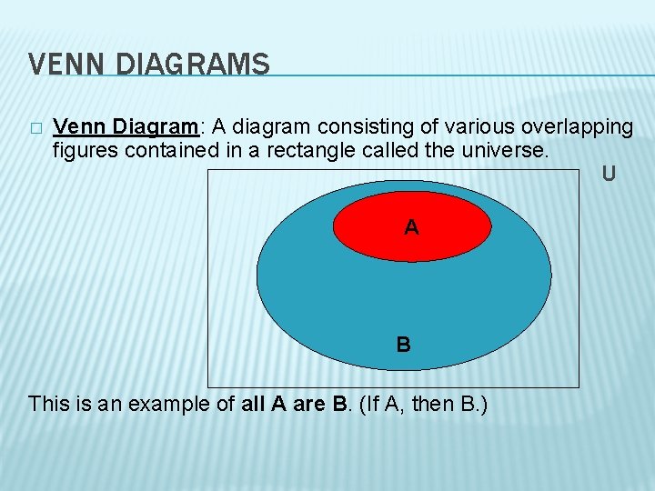 VENN DIAGRAMS � Venn Diagram: A diagram consisting of various overlapping figures contained in
