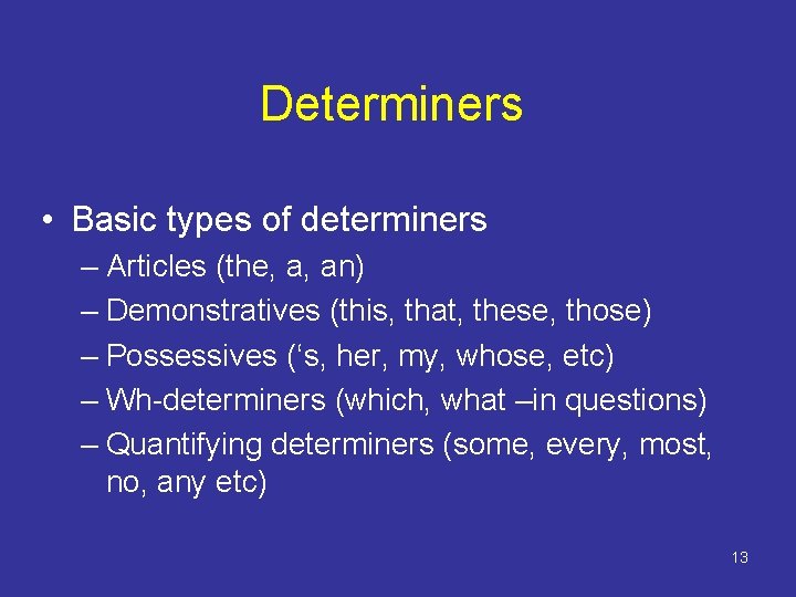 Determiners • Basic types of determiners – Articles (the, a, an) – Demonstratives (this, Determiners • Basic types of determiners – Articles (the, a, an) – Demonstratives (this,