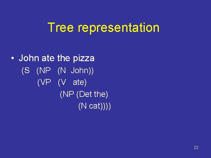 Tree representation • John ate the pizza (S (NP (N John)) (VP (V ate) Tree representation • John ate the pizza (S (NP (N John)) (VP (V ate)
