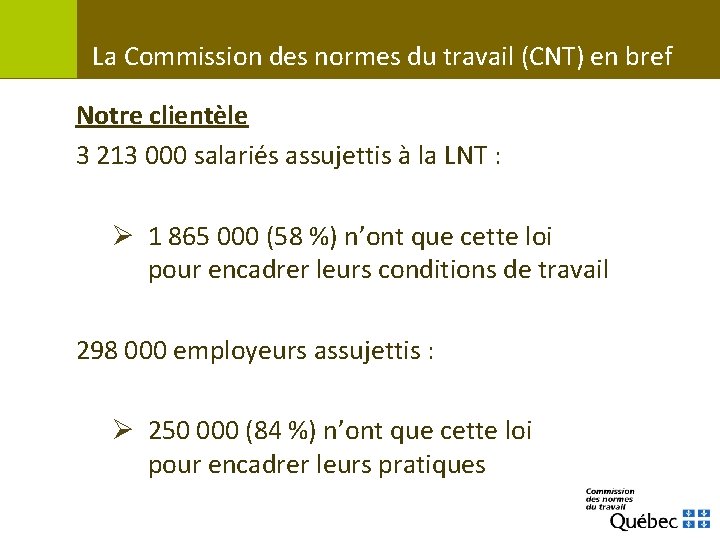 La Commission des normes du travail (CNT) en bref Notre clientèle 3 213 000