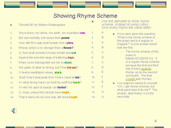 Showing Rhyme Scheme Use the alphabet to show rhyme scheme, instead of using colors.