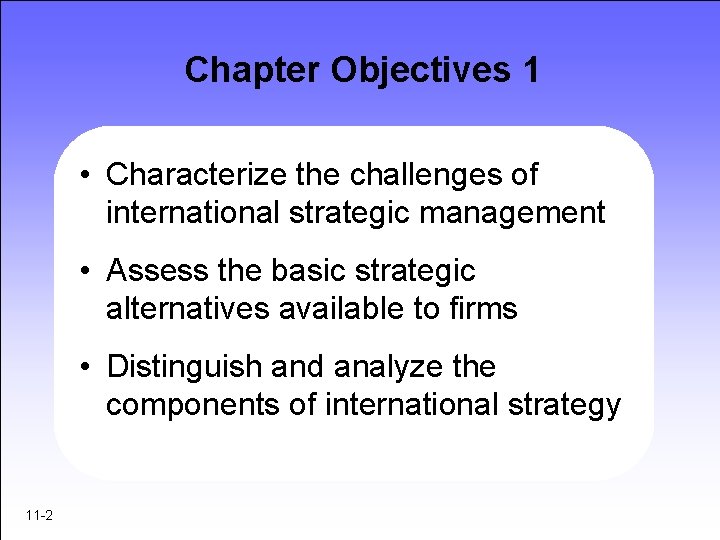 Chapter Objectives 1 • Characterize the challenges of international strategic management • Assess the