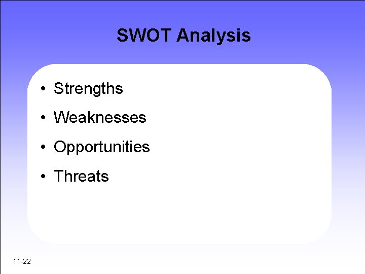 SWOT Analysis • Strengths • Weaknesses • Opportunities • Threats 11 -22 