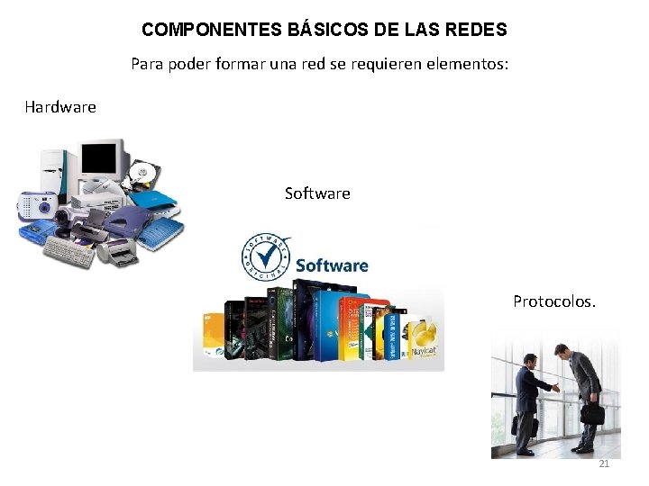 COMPONENTES BÁSICOS DE LAS REDES Para poder formar una red se requieren elementos: Hardware