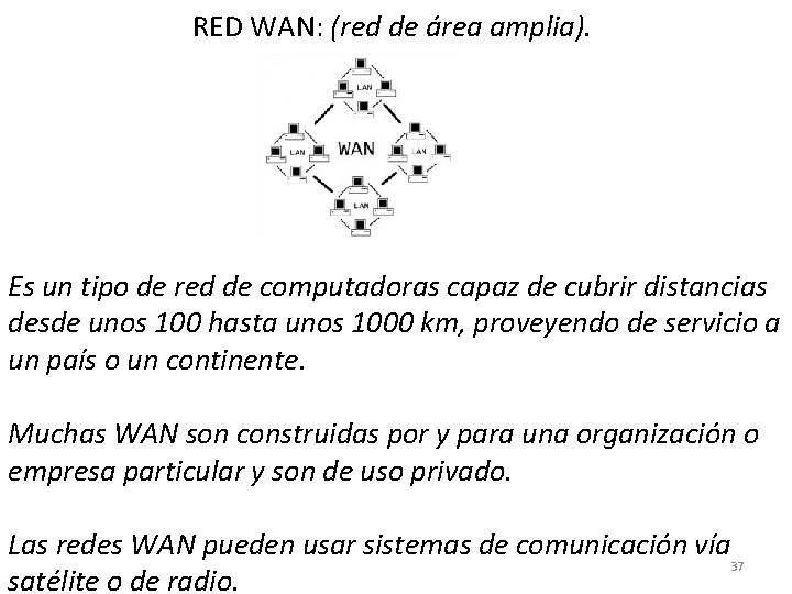 RED WAN: (red de área amplia). Es un tipo de red de computadoras capaz