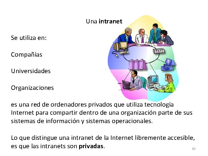 Una intranet Se utiliza en: Compañías Universidades Organizaciones es una red de ordenadores privados
