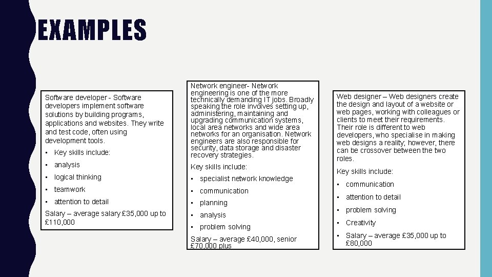 EXAMPLES • Key skills include: Network engineer- Network engineering is one of the more