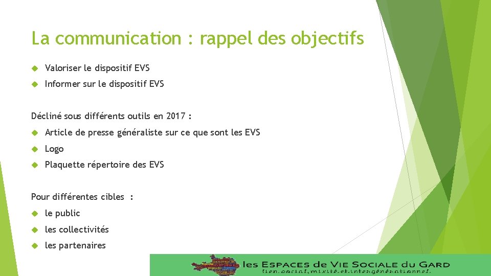 La communication : rappel des objectifs Valoriser le dispositif EVS Informer sur le dispositif