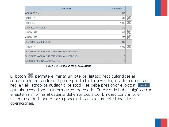 Figura 39: Listado de stock de auditoría El botón permite eliminar un lote del