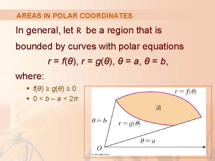 AREAS IN POLAR COORDINATES In general, let R be a region that is bounded