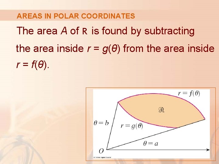 AREAS IN POLAR COORDINATES The area A of R is found by subtracting the