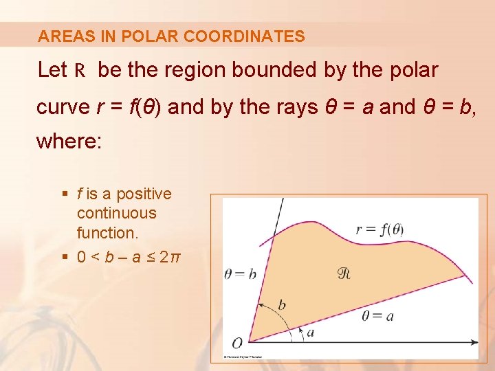 AREAS IN POLAR COORDINATES Let R be the region bounded by the polar curve