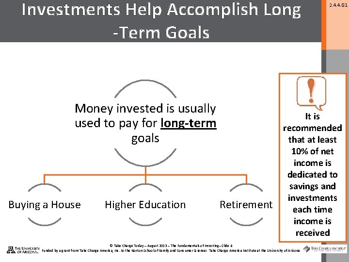 Investments Help Accomplish Long -Term Goals Money invested is usually used to pay for