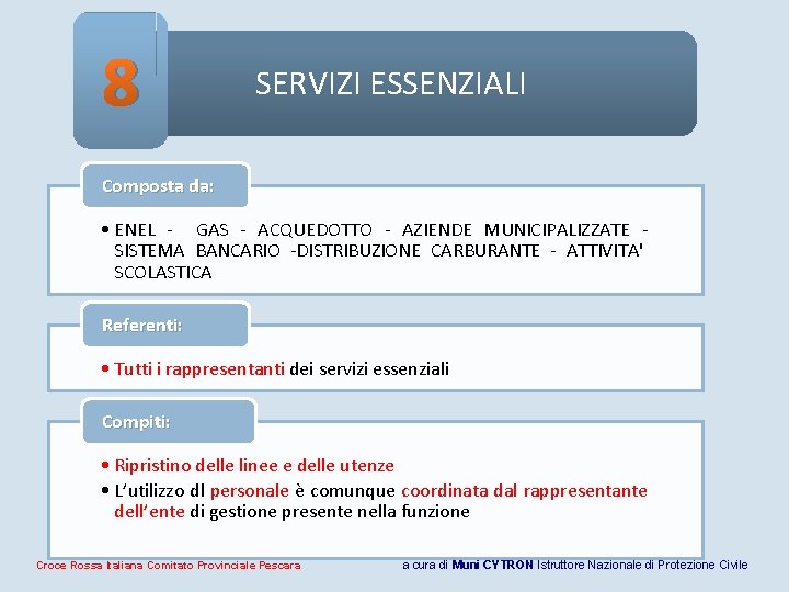 8 SERVIZI ESSENZIALI Composta da: • ENEL - GAS - ACQUEDOTTO - AZIENDE MUNICIPALIZZATE 8 SERVIZI ESSENZIALI Composta da: • ENEL - GAS - ACQUEDOTTO - AZIENDE MUNICIPALIZZATE