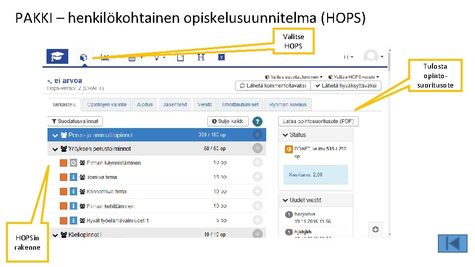 PAKKI – henkilökohtainen opiskelusuunnitelma (HOPS) Valitse HOPS Tulosta opintosuoritusote HOPSin rakenne 