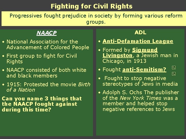 Fighting for Civil Rights Progressives fought prejudice in society by forming various reform groups. Fighting for Civil Rights Progressives fought prejudice in society by forming various reform groups.