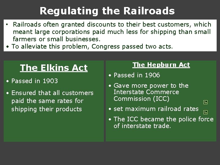 Regulating the Railroads • Railroads often granted discounts to their best customers, which meant Regulating the Railroads • Railroads often granted discounts to their best customers, which meant