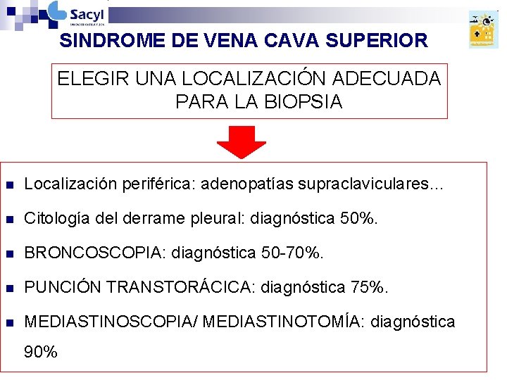 SINDROME DE VENA CAVA SUPERIOR ELEGIR UNA LOCALIZACIÓN ADECUADA PARA LA BIOPSIA n Localización SINDROME DE VENA CAVA SUPERIOR ELEGIR UNA LOCALIZACIÓN ADECUADA PARA LA BIOPSIA n Localización