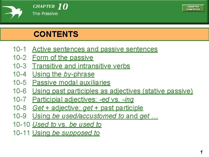 CONTENTS 10 -1 Active sentences and passive sentences 10 -2 Form of the passive