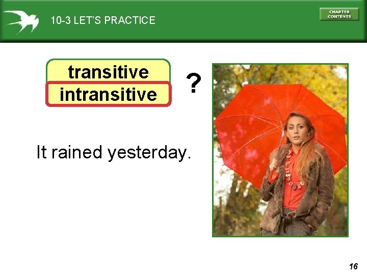 10 -3 LET’S PRACTICE transitive intransitive ? It rained yesterday. 16 