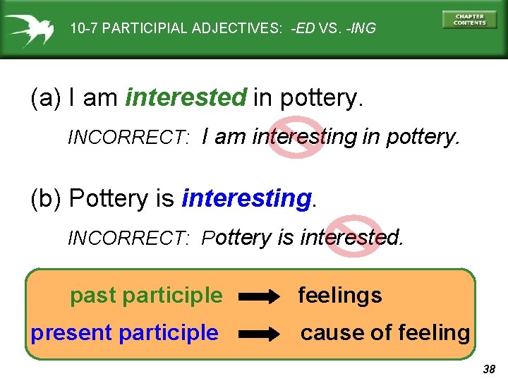 10 -7 PARTICIPIAL ADJECTIVES: -ED VS. -ING (a) I am interested in pottery. INCORRECT: