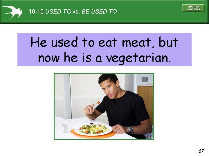 10 -10 USED TO vs. BE USED TO He used to eat meat, but