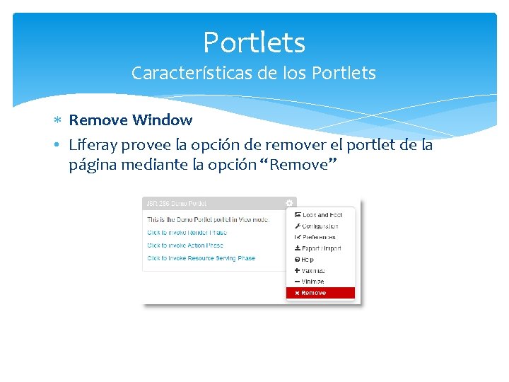 Portlets Características de los Portlets Remove Window • Liferay provee la opción de remover