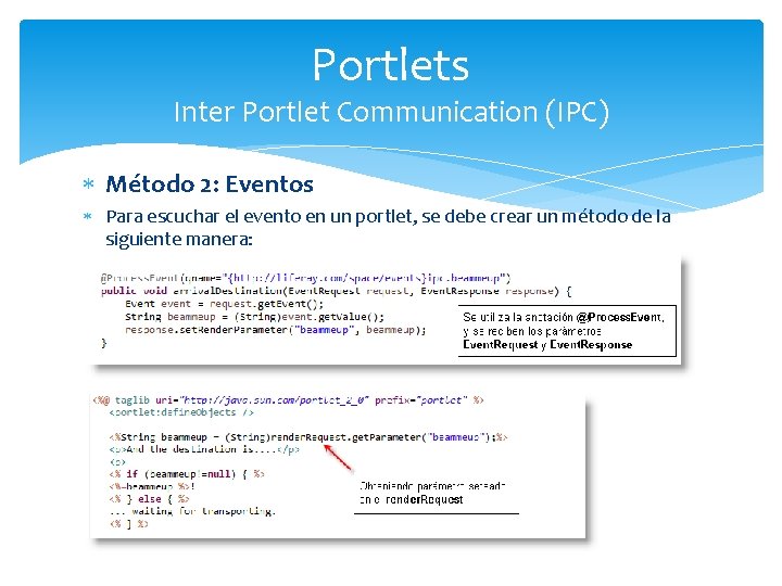 Portlets Inter Portlet Communication (IPC) Método 2: Eventos Para escuchar el evento en un