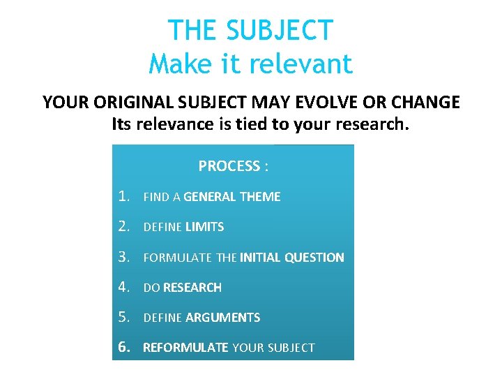 THE SUBJECT Make it relevant YOUR ORIGINAL SUBJECT MAY EVOLVE OR CHANGE Its relevance