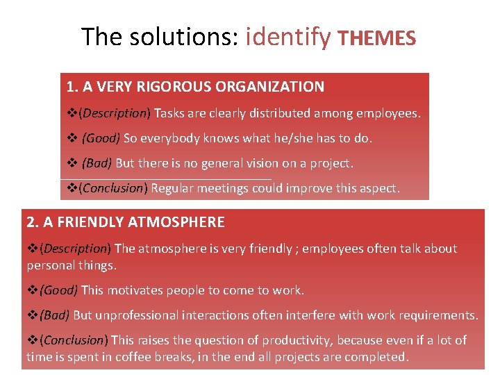 The solutions: identify THEMES 1. A VERY RIGOROUS ORGANIZATION v(Description) Tasks are clearly distributed