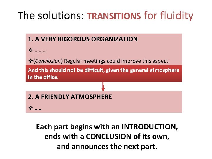 The solutions: TRANSITIONS for fluidity 1. A VERY RIGOROUS ORGANIZATION v……… v(Conclusion) Regular meetings