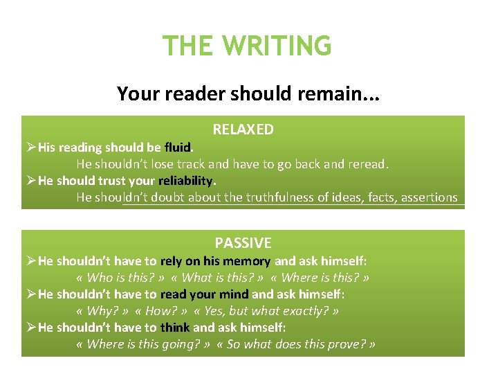 THE WRITING Your reader should remain. . . RELAXED ØHis reading should be fluid.