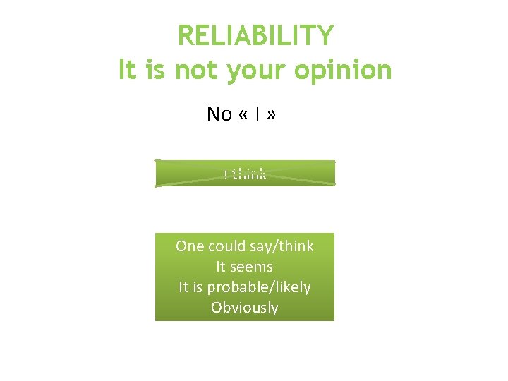 RELIABILITY It is not your opinion No « I » I think One could