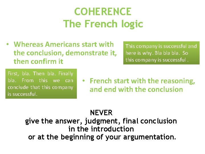 COHERENCE The French logic • Whereas Americans start with the conclusion, demonstrate it, then