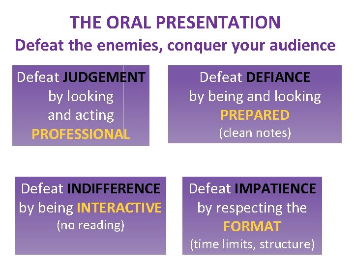 THE ORAL PRESENTATION Defeat the enemies, conquer your audience Defeat JUDGEMENT by looking and