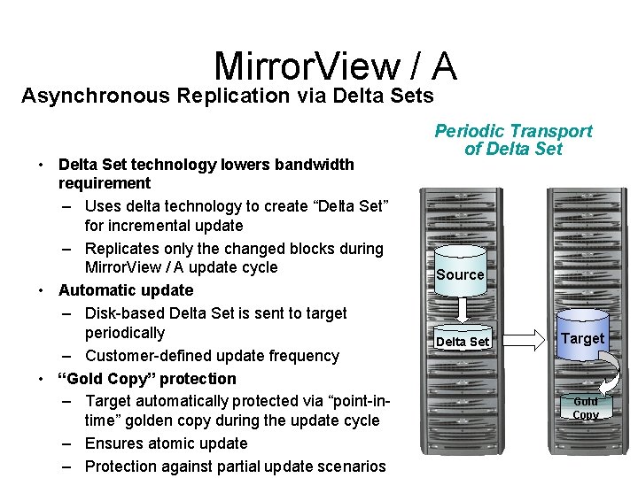 Mirror. View / A Asynchronous Replication via Delta Sets • Delta Set technology lowers