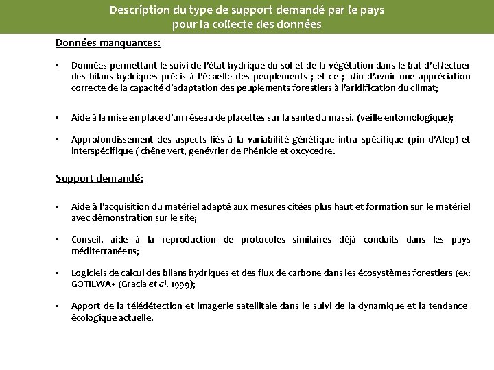 Description du type de support demandé par le pays pour la collecte des données