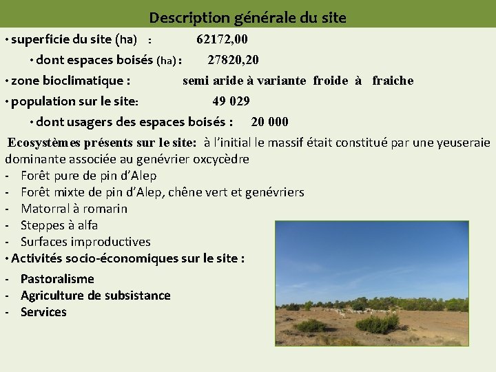 Description générale du site • superficie du site (ha) : 62172, 00 • dont