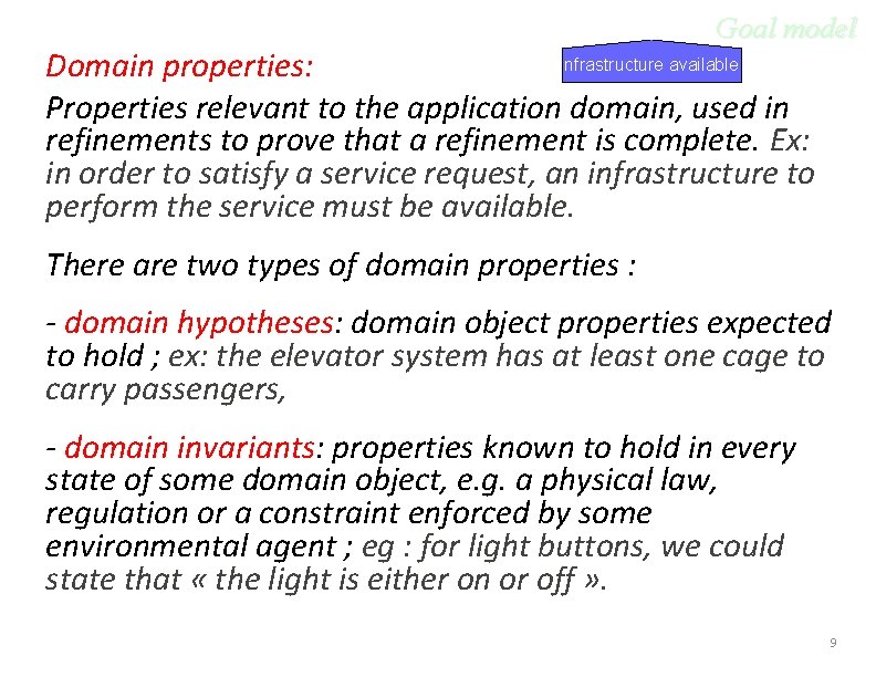 Goal model Infrastructure available Domain properties: Properties relevant to the application domain, used in