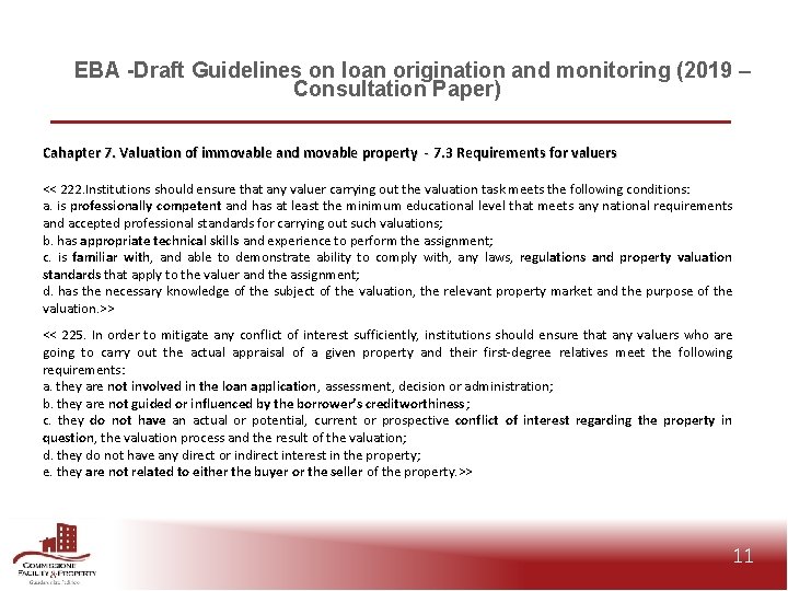EBA -Draft Guidelines on loan origination and monitoring (2019 – Consultation Paper) Cahapter 7.