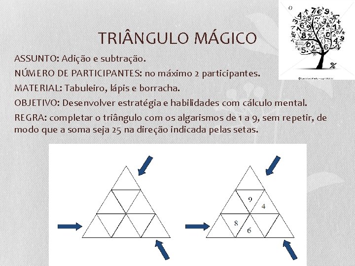 TRI NGULO MÁGICO ASSUNTO: Adição e subtração. NÚMERO DE PARTICIPANTES: no máximo 2 participantes.