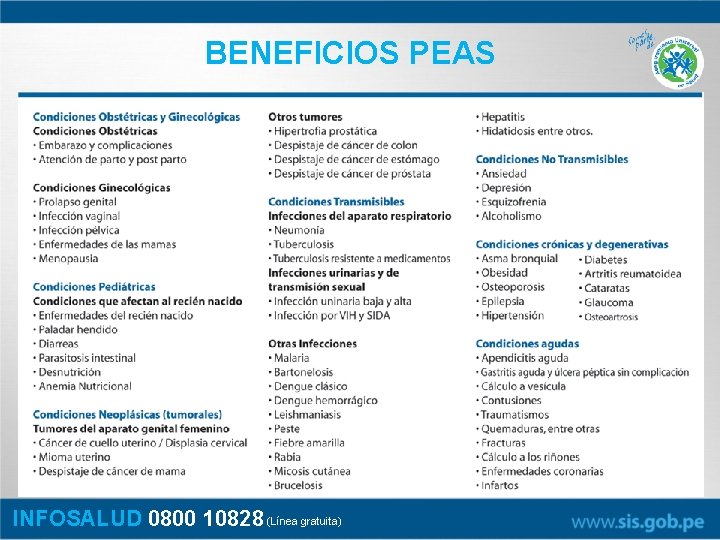 BENEFICIOS PEAS INFOSALUD 0800 10828 (Línea gratuita) 