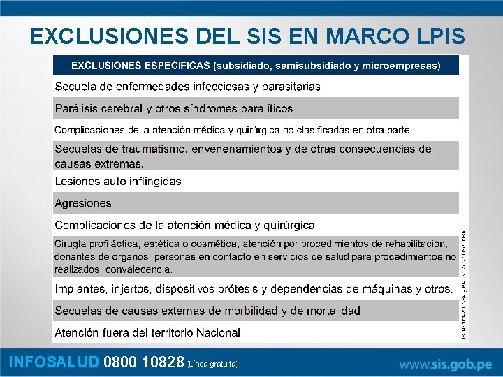 EXCLUSIONES DEL SIS EN MARCO LPIS INFOSALUD 0800 10828 (Línea gratuita) 