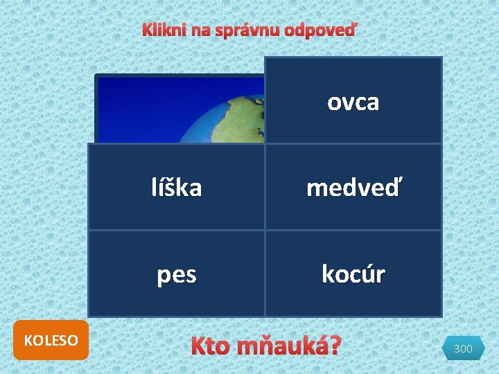 Klikni na správnu odpoveď ovca KOLESO líška medveď pes kocúr Kto mňauká? 300 