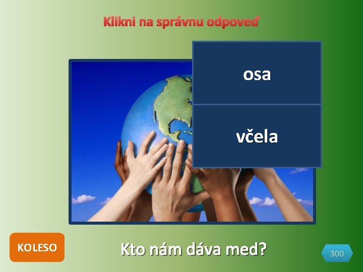 Klikni na správnu odpoveď osa včela KOLESO Kto nám dáva med? 300 