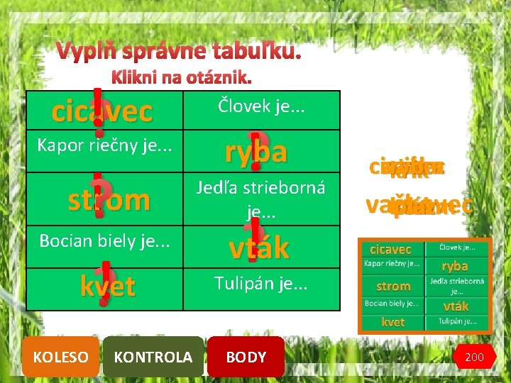 Vyplň správne tabuľku. Klikni na otáznik. Človek je. . . !? strom !? cicavec