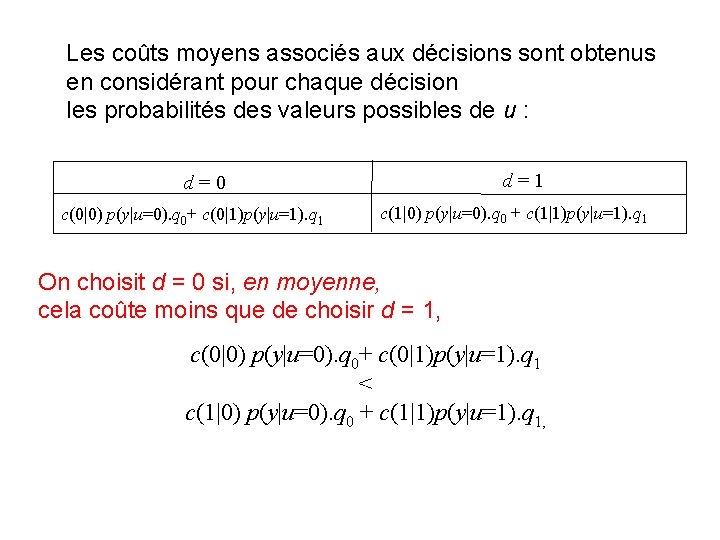 Les coûts moyens associés aux décisions sont obtenus en considérant pour chaque décision les