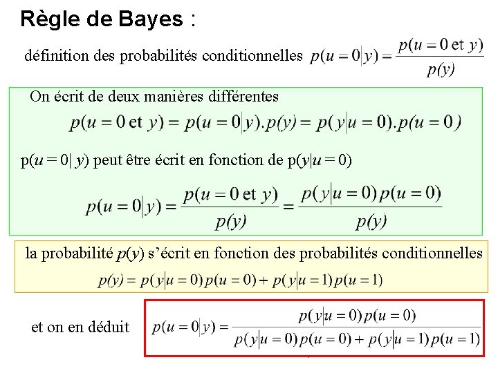 Règle de Bayes : définition des probabilités conditionnelles On écrit de deux manières différentes
