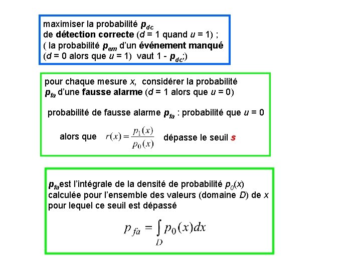 maximiser la probabilité pdc de détection correcte (d = 1 quand u = 1)